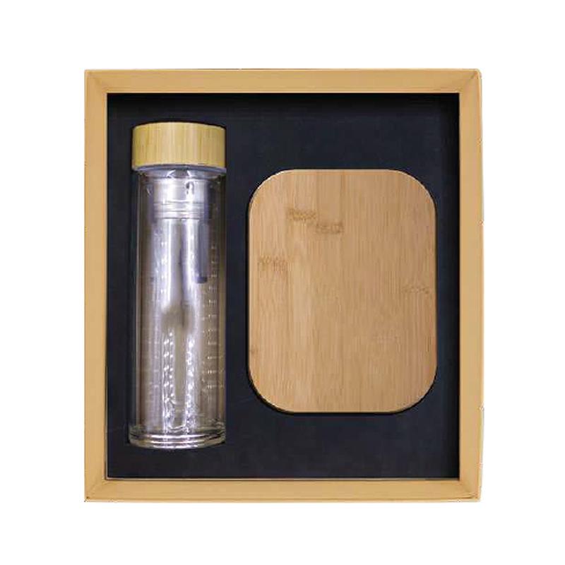 Promotional Gift Sets With The Inclusion Of Cushioned Gift -Glass Bottle & Lunchbox with Bamboo Lid